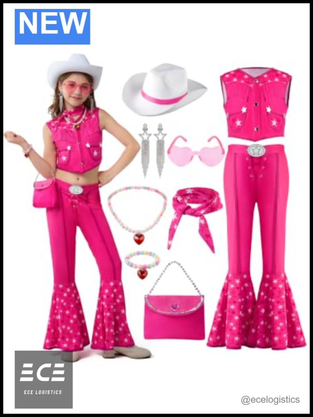 Girls Western Cowgirl Costume 7-Piece Set Vest Pants Hat Scarf